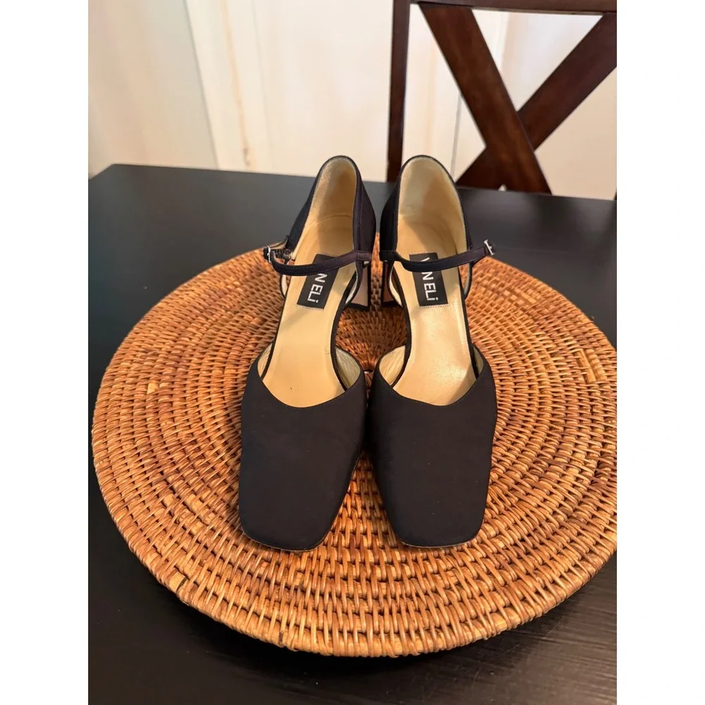 Van Eli Black Satin Mary Jane Pumps Square Toe‎ Block Heel d'Orsay Shoes 9M